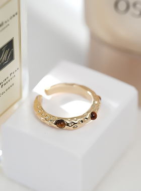 TLZ小众肌理感美拉德色系虎眼石撞色戒指复古轻奢日常开口指环女