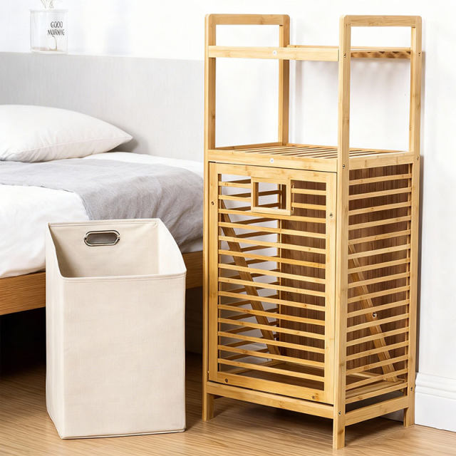 Multifunctional storage rack ໄມ້ໄຜ່ຈັດ rack ເຄື່ອງນຸ່ງຫົ່ມເປື້ອນ
