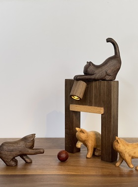 冰冷森林 原木手作木雕朦胧猫床头氛围睡眠小夜灯装饰猫店摆件