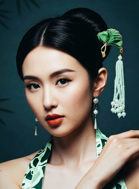 宋锦系列发夹女国风发饰新款高端弹簧复古夹子头饰翠竹绿步摇饰品