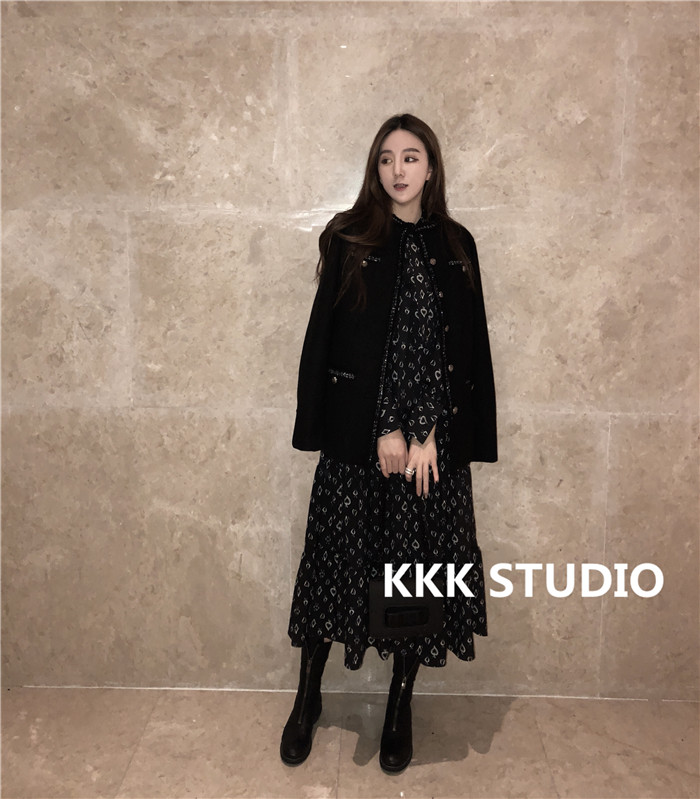 KKK STUDIO黑色连衣裙女秋冬新款长款长袖内搭百褶裙收腰气质裙子