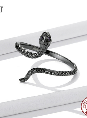 原创镀黑金名媛奢华银饰开口神秘灵蛇戒指男女复古蛇形指环银首饰