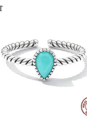 新款水滴绿松石开口戒指 麻花戒壁s925纯银指环首饰高级感设计师