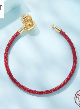 s925纯银卷草纹扣头基础皮绳串珠手绳 复古花纹经典皮革diy手链