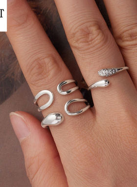双线条高端个性极简滴开口戒指合集 经典时尚男女s925纯银戒指女