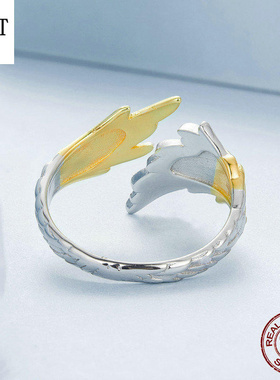 原创镀14K金翅膀开口戒指男女 天使的翅膀大气s925银金银羽翼戒指