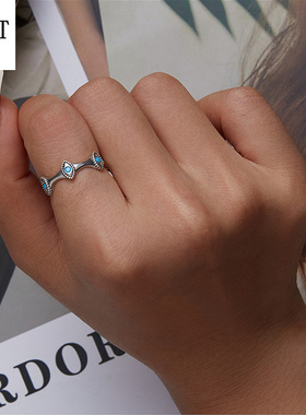 时尚简约S925纯银绿松石恶魔之眼戒指 蓝色松石幸运眼睛指环手饰