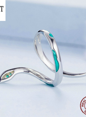 新款滴油青蛇开口戒指男女欧美风s925纯银灵蛇指环多圈高级感手饰