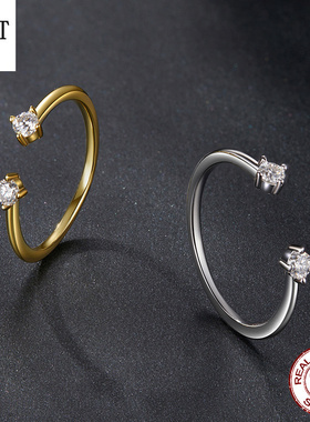 送证书新款简约精致莫桑石开口戒指 时尚百搭可叠戴s925纯银戒指