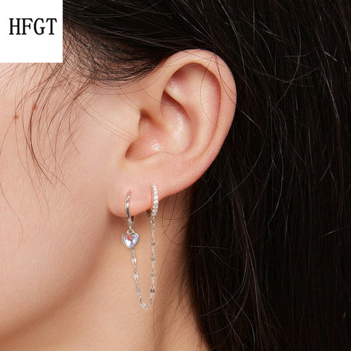 新款心形月光石链条双耳扣 爱心小众高级感925纯银单边耳饰多耳洞 - 图0