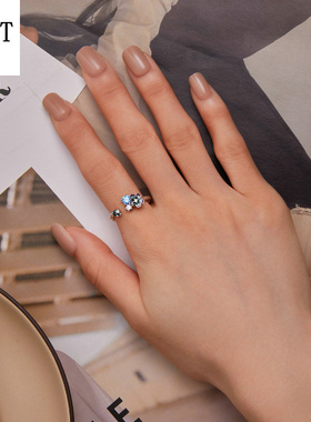 新款蓝色渐变滴油兰花开口戒指 优雅英伦复古风s925纯银指环手饰