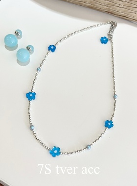 tver Acc韩国蓝色花朵项链锁骨链 Choker 串珠春夏多巴胺