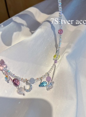 现韩国正品彩色水晶串珠项链甜美可爱优雅淑女小众锁骨链
