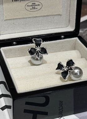 黑色滴釉珍珠花朵耳环爆款银针