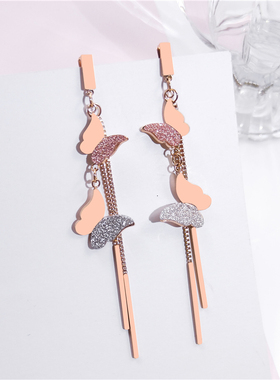 会动的蝴蝶不掉色钛钢流苏耳环