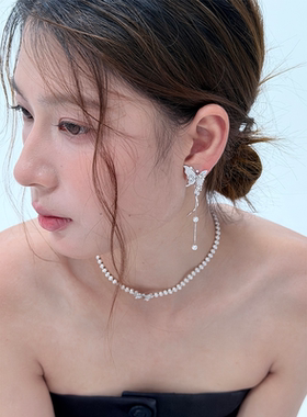 法式清冷重工蝴蝶珍珠流苏耳钉女