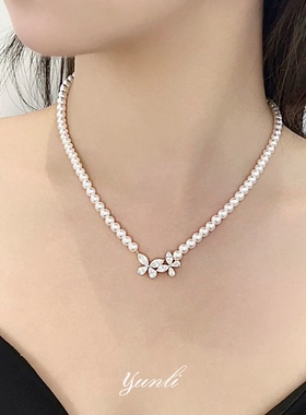 法式甜美蝴蝶锆石珍珠项链春夏款