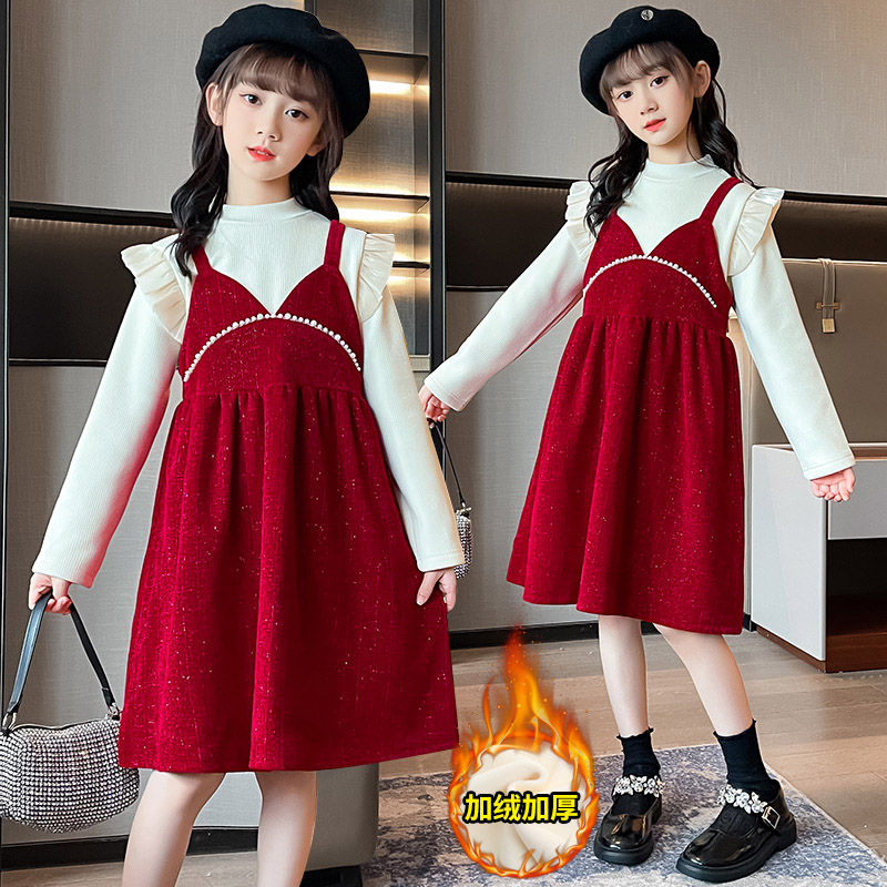 女童连衣裙冬季2023新款洋气加绒红色年服公主裙礼服吊带裙两件套