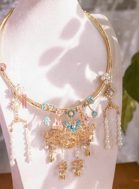 格格间原创【荷花仙】晚明风烧蓝平安锁明制婚服项圈古风项链璎珞