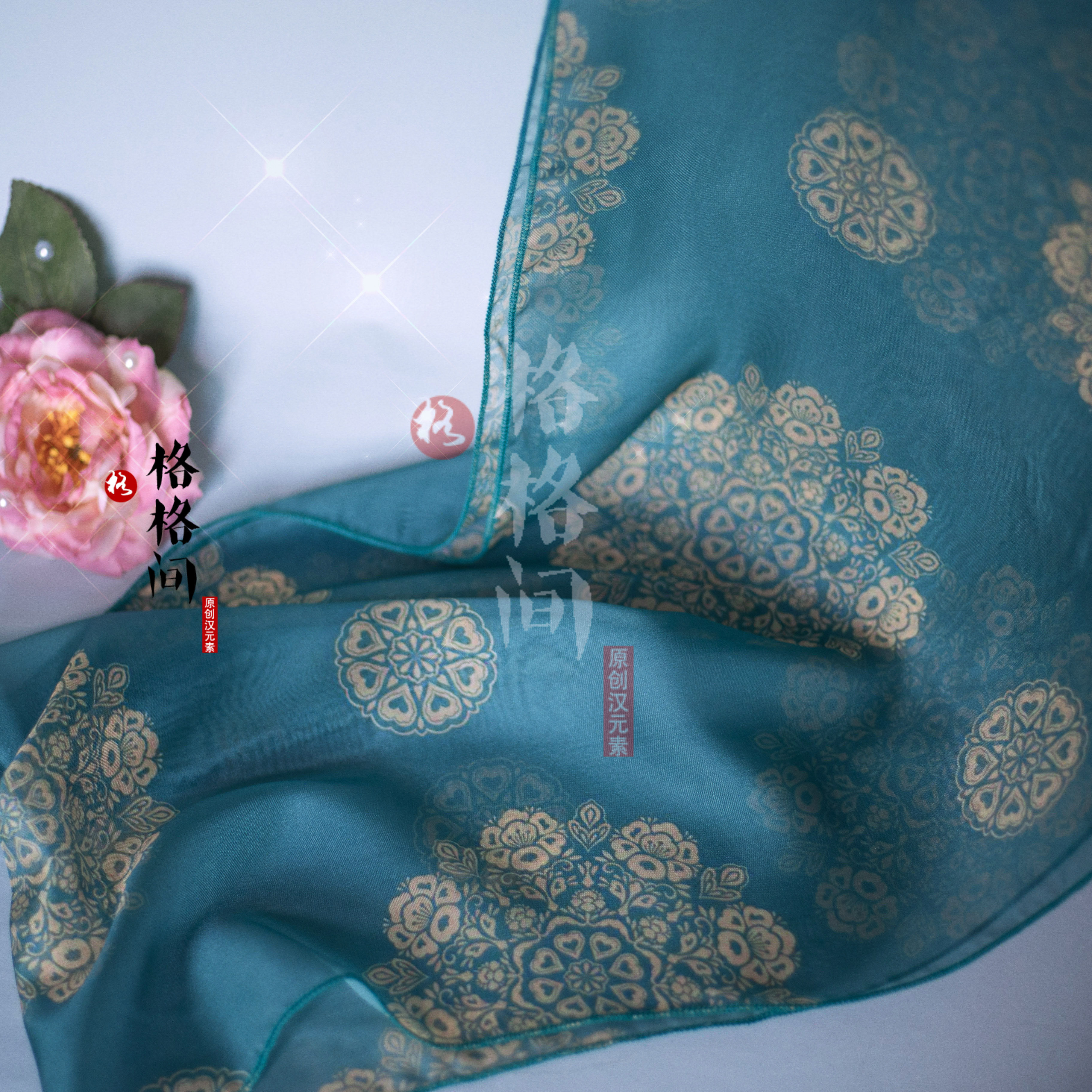 格格间原创【春水】汉服披帛女蓝色雪纺印花敦煌百搭飘带复原唐风,淘宝优惠券,粉丝福利购,淘宝优惠卷