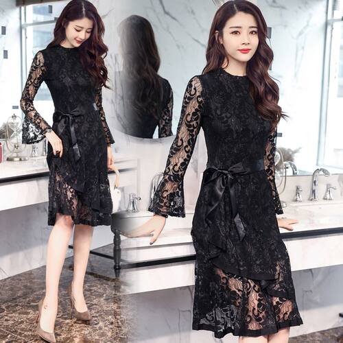 蕾丝连衣裙女2025新款春秋修身显瘦秋冬季打底裙中长款气质鱼尾裙 - 图1
