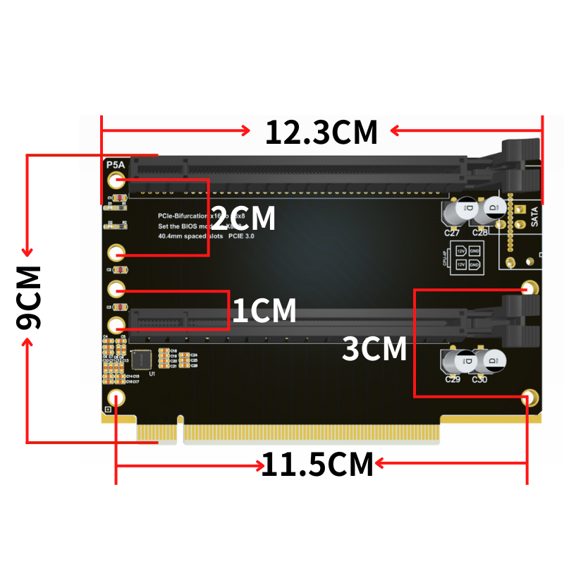 PCIe3.0 x16一转二拆分卡gen3拓展卡X8X8转接卡1转2槽位加高 - 图0