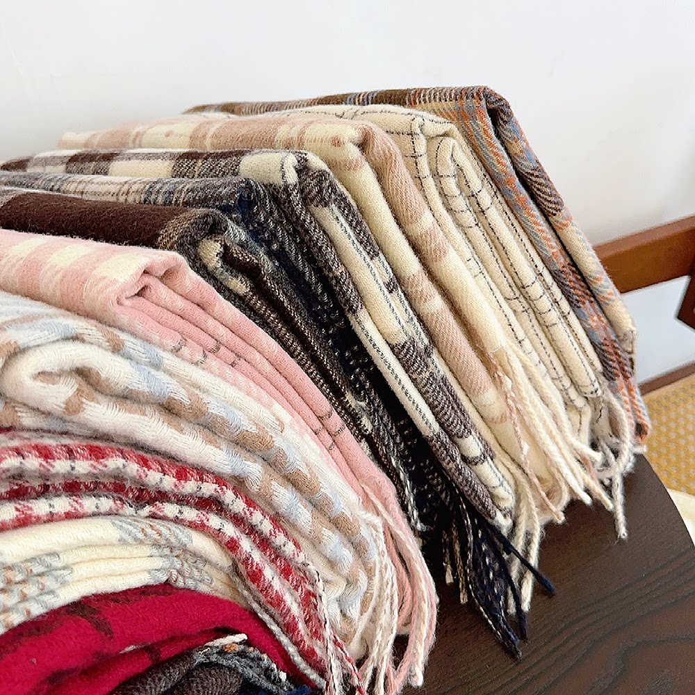 冬日氛围感格纹系列围巾女秋冬季仿羊绒韩系学生情侣保暖流苏围脖