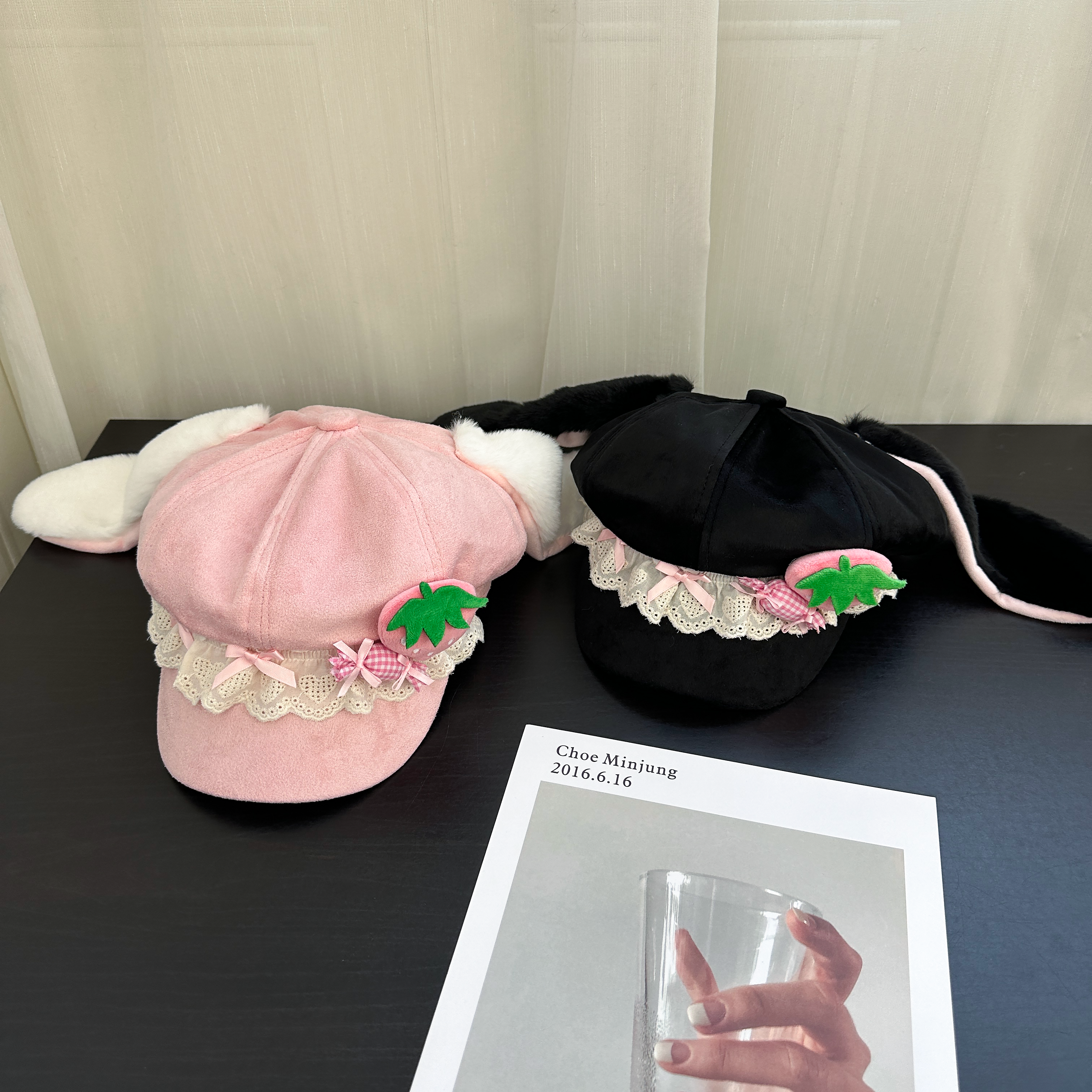 原创可爱草莓小兔耳朵八角帽子女亚文化宅系y2k个性显脸小贝雷帽,淘宝优惠券,粉丝福利购,淘宝优惠卷