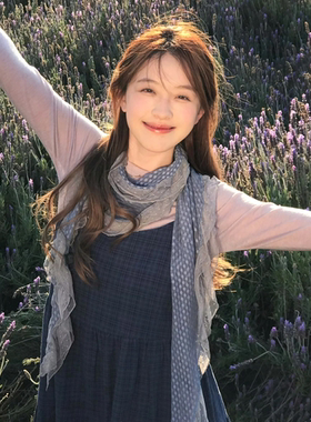 藤井树同款波点蕾丝边长条丝巾女