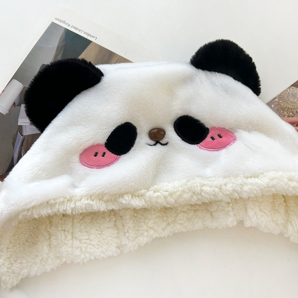 日系卡通可爱毛绒熊猫雷锋帽子女秋冬保暖防寒加绒绑带护耳套头帽,淘宝优惠券,粉丝福利购,淘宝优惠卷