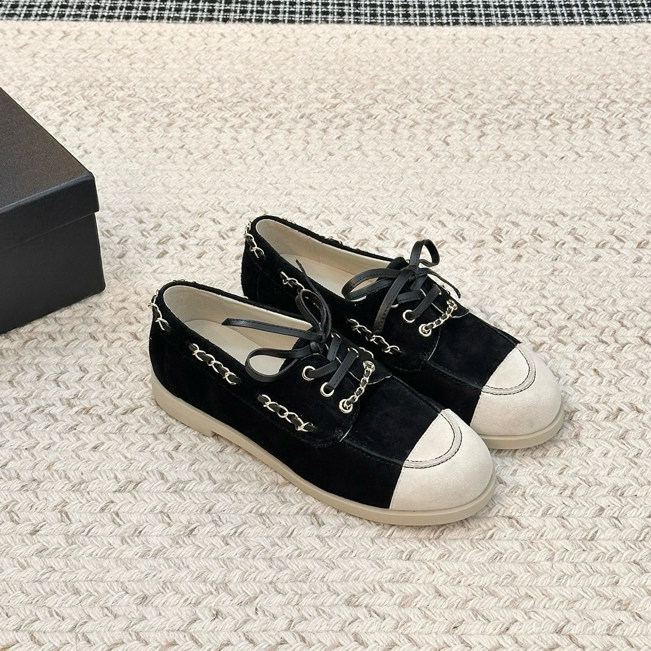 小香风乐福鞋女真皮链条系带平底单鞋春秋新款拼色休闲时尚豆豆鞋,淘宝优惠券,粉丝福利购,淘宝优惠卷