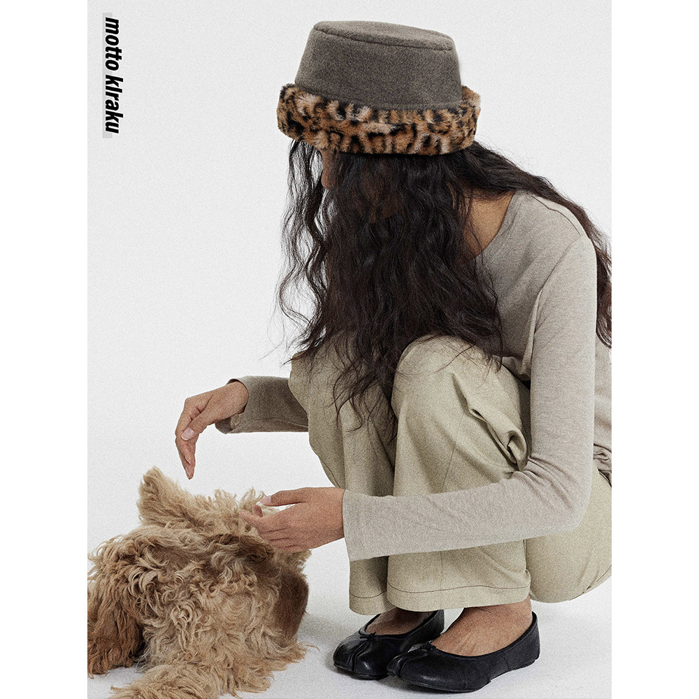 MottoKiraku 原创可双面戴时髦秋冬氛围感豹纹平顶帽盆帽渔夫帽,淘宝优惠券,粉丝福利购,淘宝优惠卷