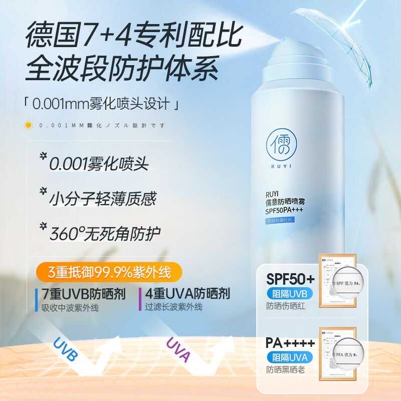 儒意小蓝罐防晒喷雾SPF50+++防紫外线防水防汗美白一喷全身白冰爽 - 图1