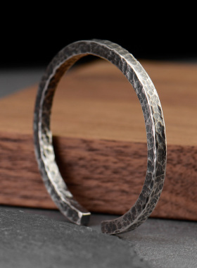 复古做旧男女足银999锤纹手镯