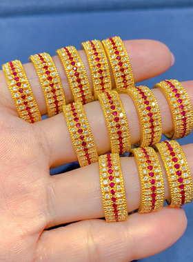 古法黄金点钻天然红宝石鸽血红三排钻和合满钻戒指现货报圈口计价