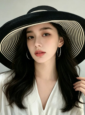 夏季复古条纹大檐防晒空顶草帽女