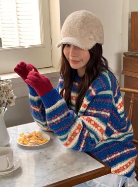韩系ins博主显脸小鸭舌帽女秋冬复古休闲宽帽檐软顶针织羊毛帽子
