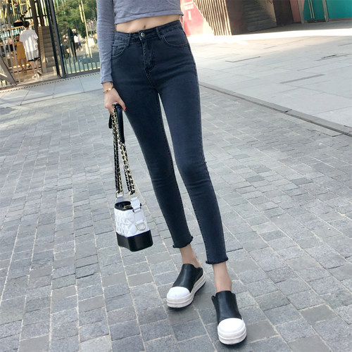 小个子紧身秋冬牛仔八分裤女高腰显瘦薄绒黑色毛边150九分小脚裤 - 图1