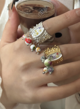 新中式步摇名族风宽版流苏圆珠球宽版戒指磨砂雾面水滴叠搭指环戒