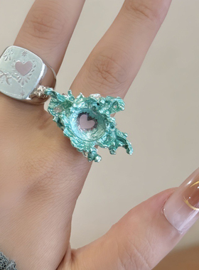 新中式金属手工绿色珐琅釉不规则海洋珊瑚戒指 INS高级感叠戴指环
