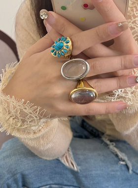 绿松石镶嵌中古戒指法式小众时尚复古宫廷风猫眼石水滴叠戴指环戒