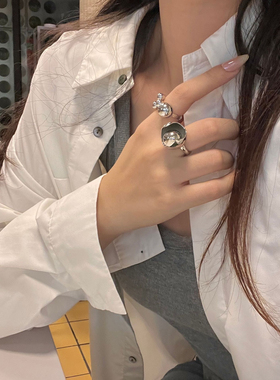 欧美小众设计金属风可晃动圆珠球戒指 女ins高级感个性开口指环戒