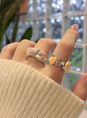 小香风手工滴油珐琅玫瑰花多开口叠搭指环戒 国潮高级感宽版指环