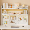 Multi-layer perforated board bookshelf on home computer desk