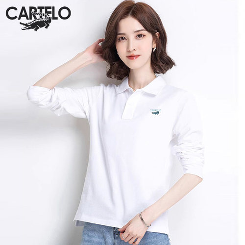 卡帝乐鳄鱼POLO衫女长袖t恤秋季纯棉宽松大码运动翻领休闲上衣潮 - 图0