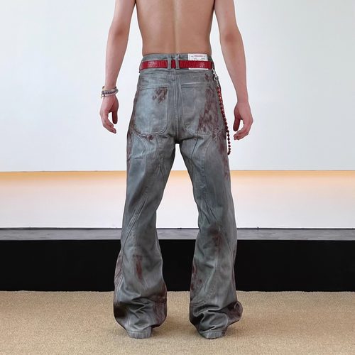 SWAG血色脏染水洗做旧擦色脏染结构牛仔裤cleanfit小众微喇裤男女 - 图2