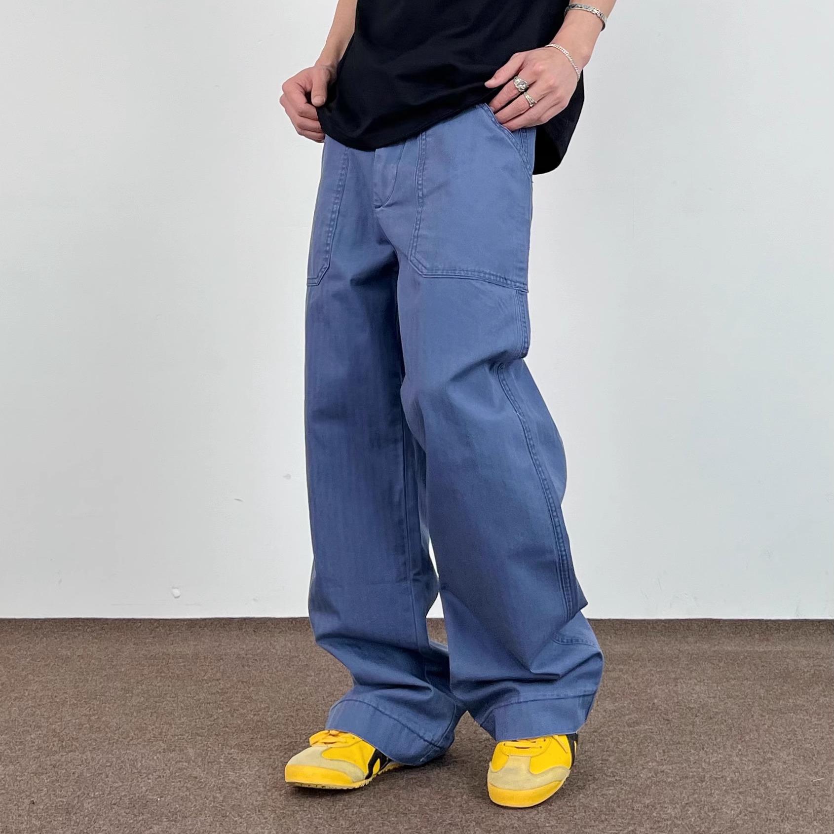 SWAG美式蓝色法工裤男女宽松直筒微喇拖地休闲cleanfit工装牛仔裤 - 图0