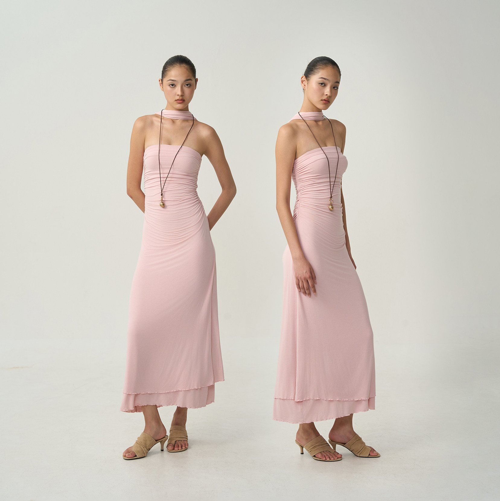 OTHERSTORE 粉色间奏 挂脖双层修身针织连衣裙女秋冬长款抹胸裙子,淘宝优惠券,粉丝福利购,淘宝优惠卷