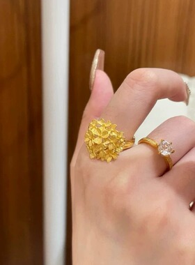 新中式复古绣球花黄金色婚嫁戒指
