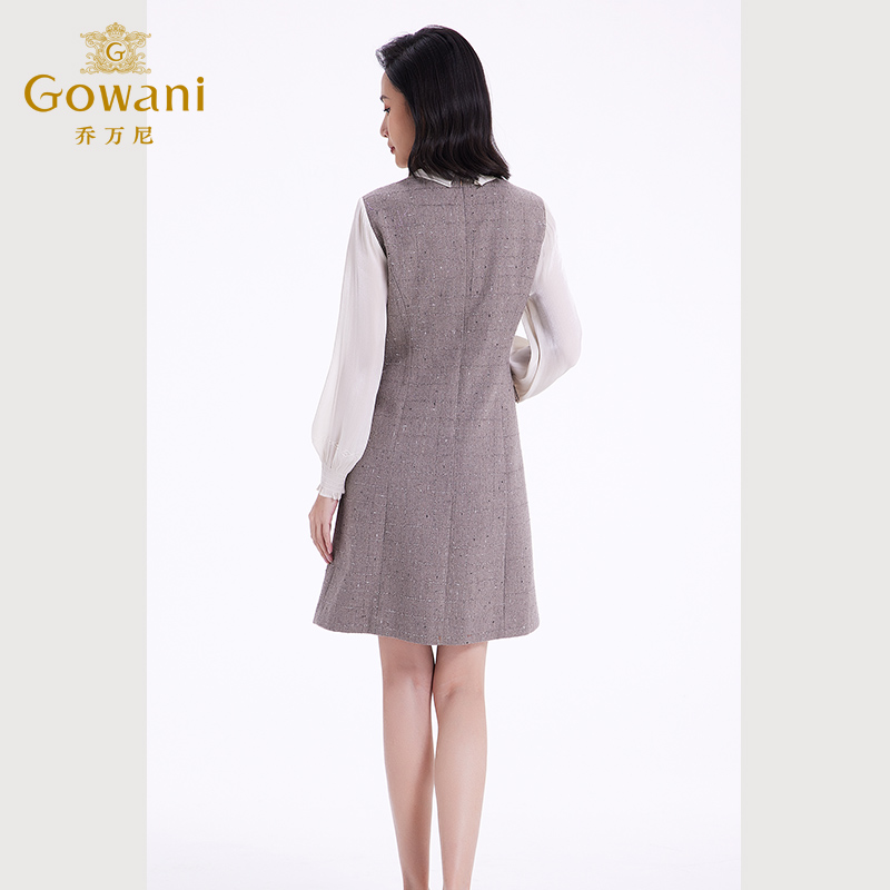 乔万尼长袖连衣裙女新款2025秋小香风修身设计中长羊毛裙EF4E235 - 图2